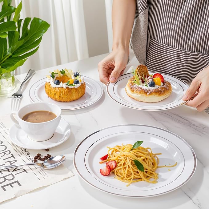 WDF 120PCS Plastic Christmas Plates White Silver Rim - Disposable Plates including 60PCS for Dinner 10.25inch, 60 Salad/Dessert Plates 7.5inch Heavy Duty Wedding