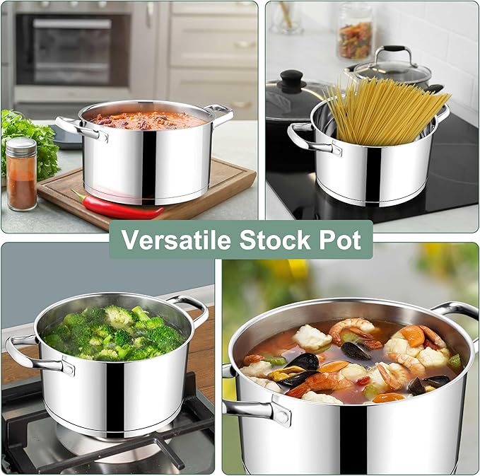 E-far Stainless Steel Stockpot, 5 Quart Pot with Glass Lid for Soup Pasta, Induction Nontoxic Cooking Pot for All Stoves, Thick Tri-Ply Bottom & Double Riveted Handle, Oven & Dishwasher Safe