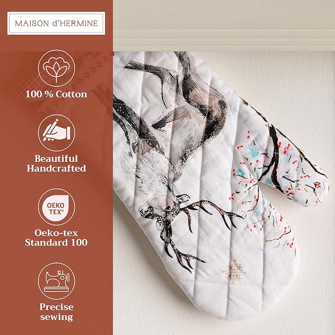 Maison d' Hermine Oven Gloves 100% Cotton Oven Mitt 7" x 13" with Loop Heat Resistant, BBQ, Cooking Gloves, Baking, Grilling, Kitchen, Handling Hot Pans (Pack of 1, Rural Christmas)