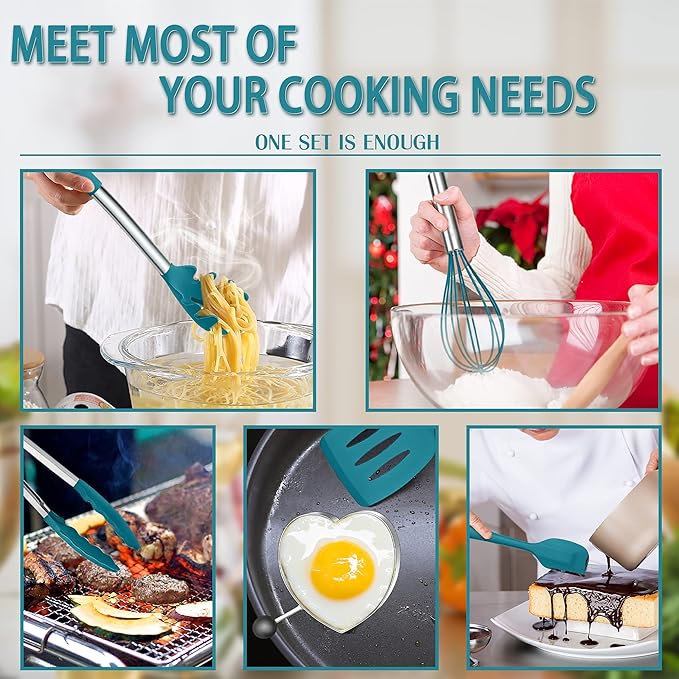 Silicone Cooking Utensils Set, E-far 14-Piece Blue Kitchen Utensils Set with Holder, Kitchen Tools Spatulas with Stainless Steel Handle for Non-stick Cookware, Heat Resistant & Dishwasher safe