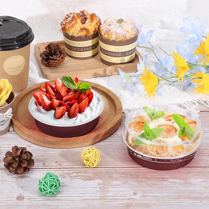 Beasea Disposable Mini Pie Tins with Lids, 20 Pack 4” 7.3oz 215ml Small Round Aluminum Baking Tart Foil Container for Individual Dessert Cupcake Cheesecake Ramekin Quiche Oven Dishes - Wine Red