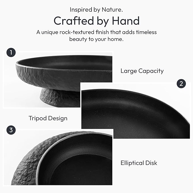 Granite Inspired Matte Black Fruit Bowl | Wide, Shallow Textured Pedestal Bowl | 11 Inch Unique Centerpiece for Table or Decor for Entryway Table