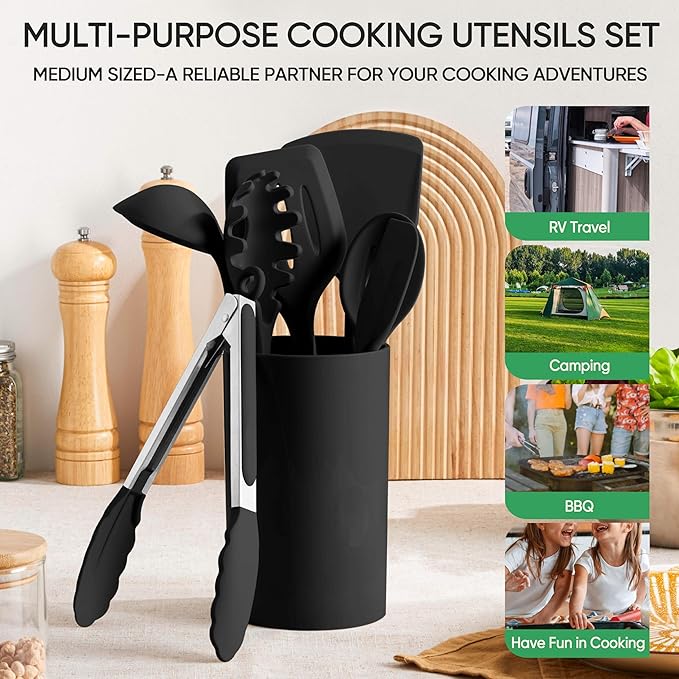 Herogo Silicone Cooking Utensils Set, 7-Piece Kitchen Utensils Set, Heat Resistant Cooking Gadget Tools Slotted Turner, Spoon, Soup Ladle, Pasta Server, Spatula, Tongs for Nonstick Cookware, Black