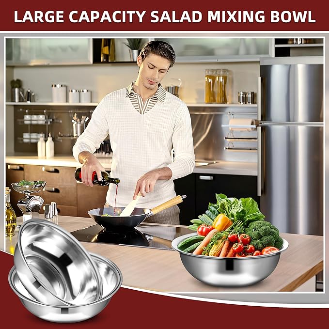 10 Pcs Stainless Steel Mixing Bowls Metal Mixing Bowls Extra Large Basin Salad Bowl with Deeper Edge, Dishwasher Safe, Mirror Finish for Home and Commercial, Silver (16 Inch 13 Qt)