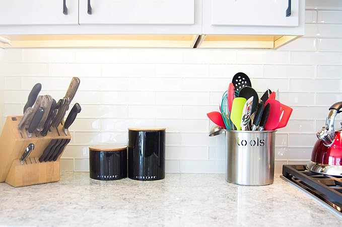 AirScape Planetary Design Ceramic Coffee and Food Storage Canister – Medium 7-inch – US Patented Airtight Inner Lid – Obsidian Black with Bamboo Top