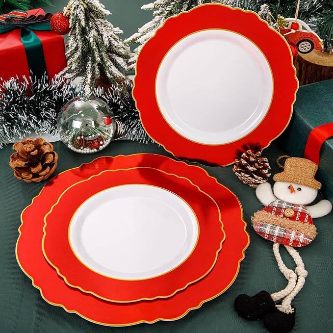 WDF 60pcs Red Plastic 4th of July Plates Gold Rim - 10.25inch Red Dinner Plates Disposable Plates Table Decor for 4th of July