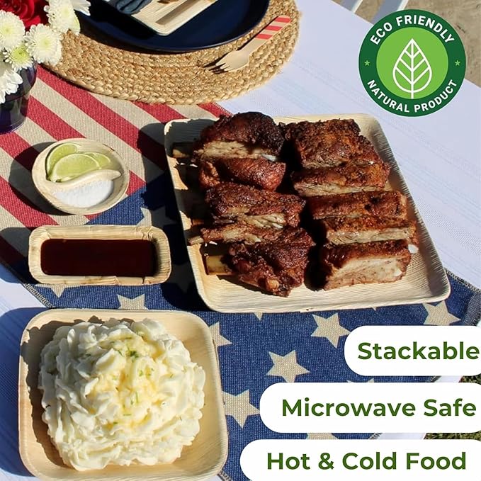 Dtocs Palm Leaf Plates (50) - 10 Inch Square Dinner (25), 7" Dessert (25) | Bamboo Plates Disposable Look Dinnerware Set | Sturdy, Compostable Alternative to Paper, Plastic Party Pack