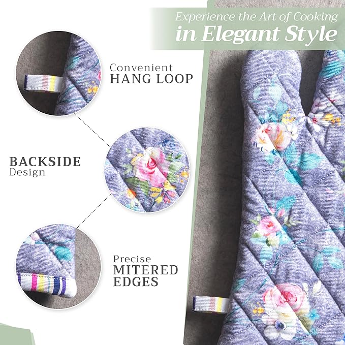 Maison d' Hermine 100% Cotton Oven Mitt & Pot Holder Set (7.5"x13" & 8"x8") Heat Resistant BBQ Cooking Gloves with Loop, Grilling, Kitchen, Handling Hot Pans Spring/Summer (Sweet Rose Lavender - Lush)