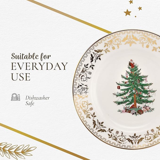 Spode Christmas Tree Gold 4-Piece Holiday Dinnerware Set - Fine Earthenware Tableware with 22K Gold Accents - Dinner Plate, Salad Plate, Teacup, Saucer - Festive Christmas Tableware, Dishwasher Safe