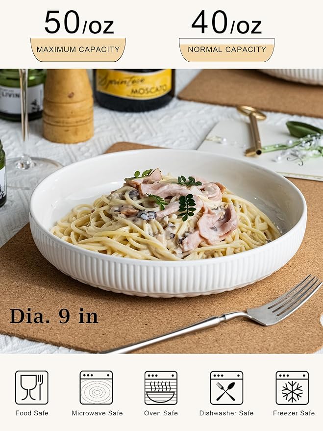 YHOSSEUN 9.75" Pasta Bowls Set of 4, 50 OZ Large Salad Serving Bowls Pasta Plates, White Soup Bowl for Kitchen Meal Prep, Ceramic Shallow Dishes, Clover Stripe