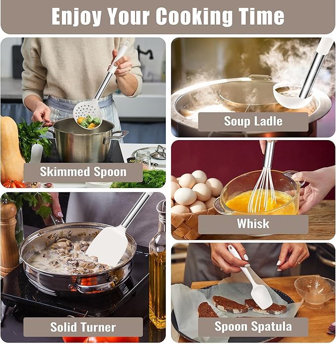 E-far 14 Pieces Silicone Cooking Utensils Set, Kitchen Utensils Set with Holder, Spatula, Ladle, Spoon, Slotted Turner for Nonstick Cookware, 446°F Heat Resistant & Stainless Steel Handle, Cream White