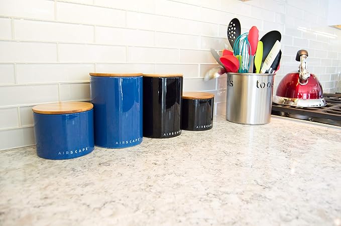 AirScape Planetary Design Ceramic Coffee and Food Storage Canister – Small 4-inch – US Patented Airtight Inner Lid – Black with Bamboo Top