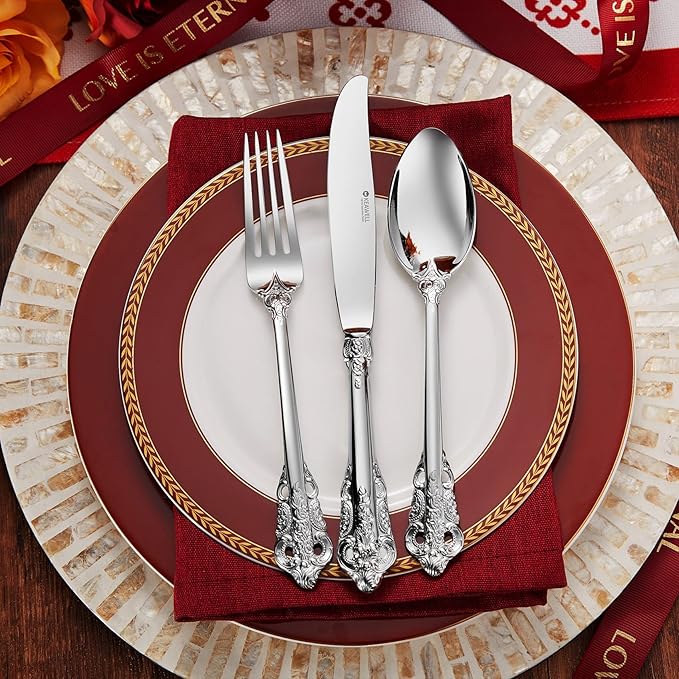 KEAWELL Luxury 45-Piece Silverware Set, 18/10 Stainless Steel, Service for 8, Mirror Finish, Antique Baroque Design, Dishwasher Safe (Silver)