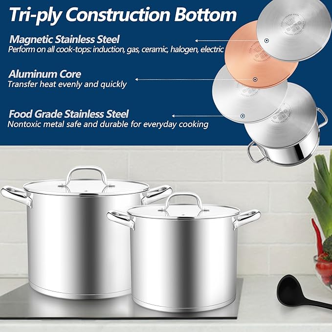 E-far 10 Quart Pot, Stainless Steel Stock Cooking Pot with Glass Lid for Soup Canning Stewing Simmering, Heavy Duty Large Cookware with Triply Base for Induction Gas Ceramic Stoves, Dishwasher Safe