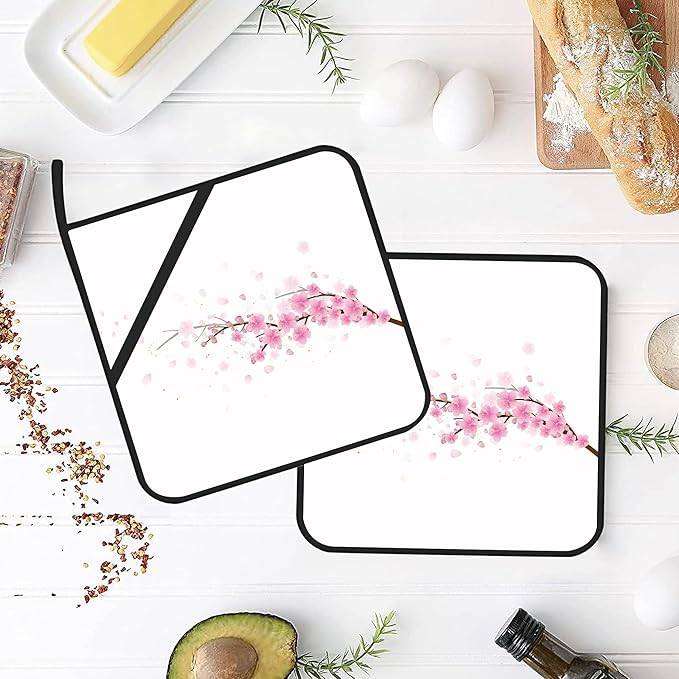Cherry Blossom Pot Holders Set of 2 Heat Resistant & Non Slip Potholders, Japanede Sakura Oven Hot Pads for Kitchen Cooking Baking Barbecue