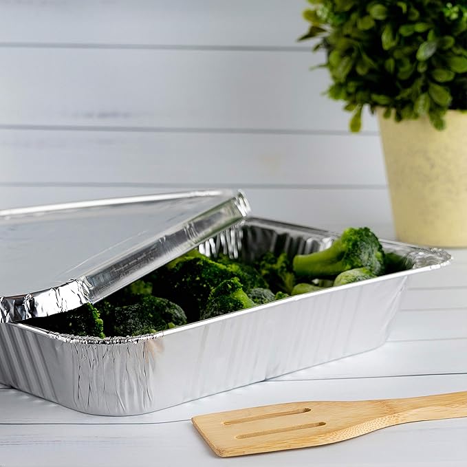 PLASTICPRO Disposable 9 x 13 Aluminum Foil Pans With Lids Half Size Deep Steam Table Bakeware - Cookware Perfect for Baking Cakes, Bread, Meatloaf, Lasagna Pack of 50 Pans & 50 Lids
