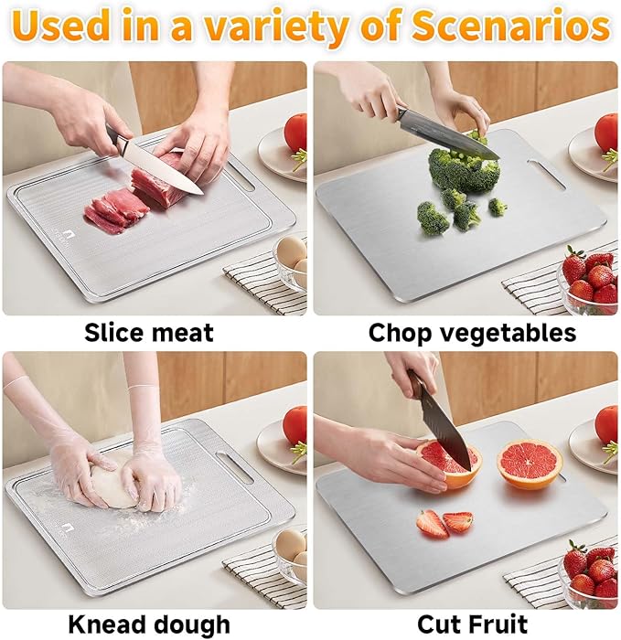 100% Pure Titanium Cutting Board with Groove, Scratch Resistant Chopping Board with Non-slip Pad for Kitchen, Titanium Cutting Boards for Vegetables and Meat, Dishwasher safe 8 * 12 IN