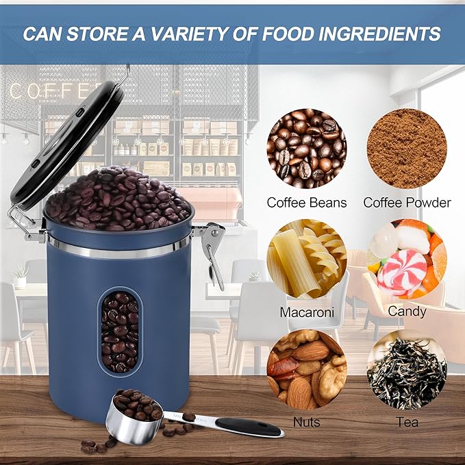 1800ML Airtight Coffee Canister with Date Tracker&Transparent Window, 22.8OZ Coffe Beans Storage with 30ML Measure Spoon&4 co2 Valve, Coffee Container for Grounds Coffee, Beans, Tea, Sugar&Flour(Blue)