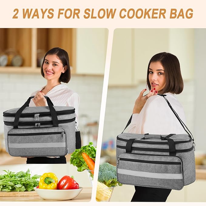 Double-Layer Slow Cooker Carrying Bag, Insulated Travel Carrier with Adjustable Band and Accessory Pocket, Portable Carrier Case for 6-8 Quart Crock, Compatible With Other Brands (Grey, Bag Only)