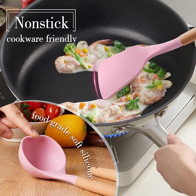 Silicone Kitchen Utensils Set, LIANYU 15-Piece Heat Resistant Cooking Utensils with Holder, Cooking Kitchen Gadgets Tools for Nonstick Cookware, Wooden Handle, Pink