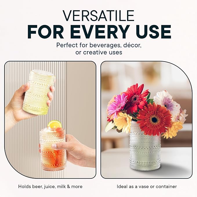 15 OZ Hobnail Drinking Set of 12 – Vintage Embossed Glassware, Textured Tumblers for Water, Beer, Cocktails, Mocktails, Whiskey & More – Includes Straws and Coasters – Clear