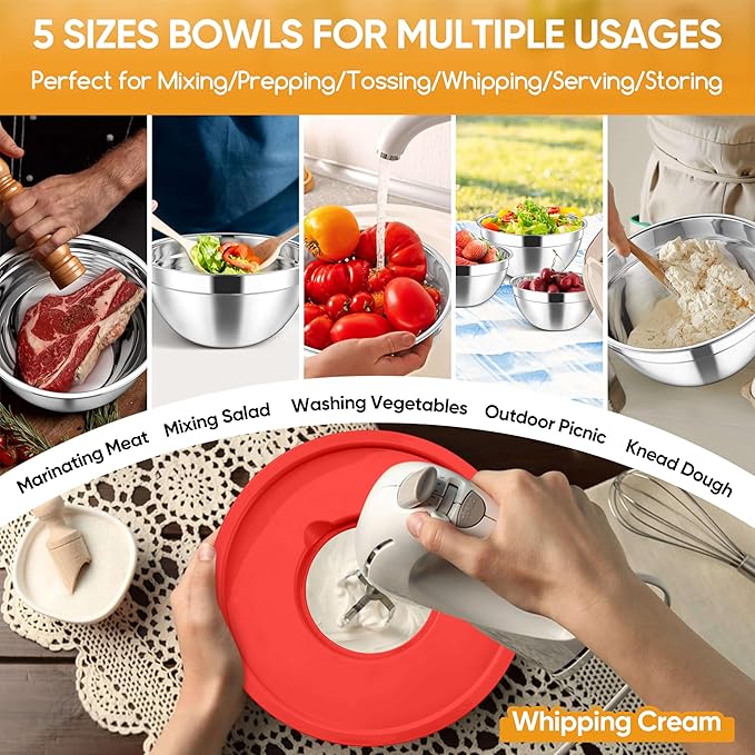 Herogo 5-Piece Mixing Bowls with Airtight Lids, 3 Grater Attachments, Stainless Steel Salad Serving Bowls for Kitchen, Size 4.6, 3.5, 2.5, 2, 1.5QT Ideal for Prepping & Cooking, Red
