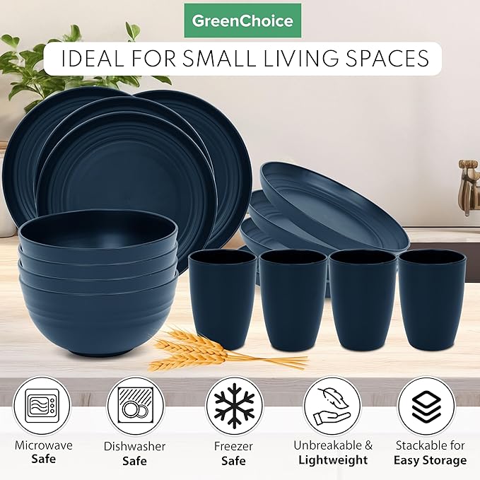 Wheat Straw Dinnerware Sets for 4 - GreenChoice Lightweight & Unbreakable Dishes Microwave & Dishwasher Safe Perfect for Camping, Picnic, RV, Dorm Plates, Cups and Bowls (Blue)