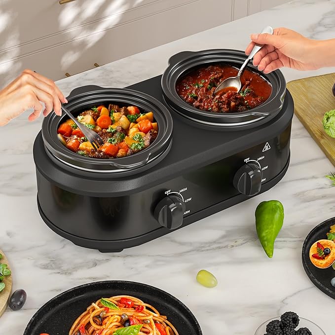 Double Slow Cooker, 2 x 1.25 QT Portable Small Dual Crock Cooker, Buffet Servers and Warmers Dishwasher Safe, Removable Ceramic Pot Glass Lid, Stainless Steel Black