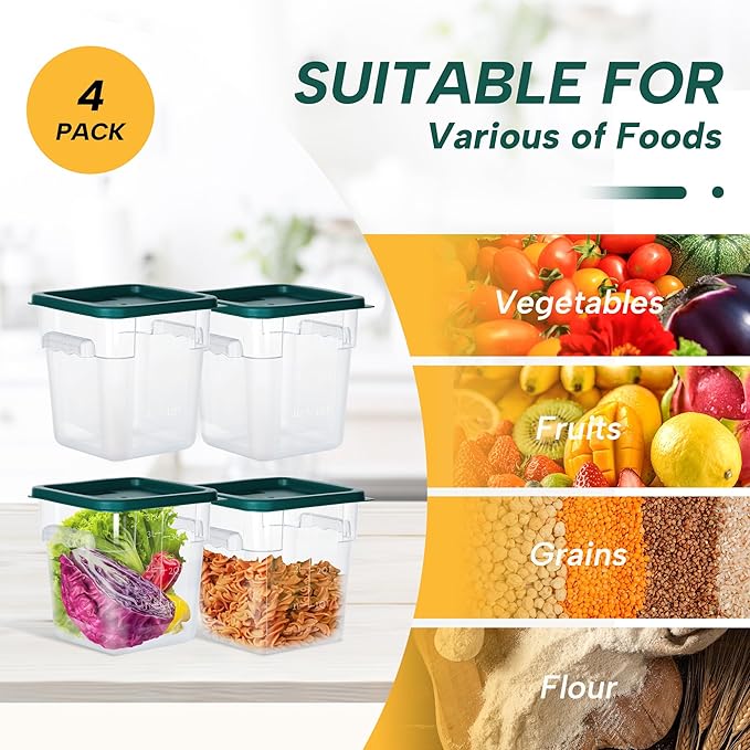 4 Pack Food Storage Containers, 4 Quart with Lids, Square Commercial Containers with Scale, Clear NSF Food Organizing, Polycarbonate