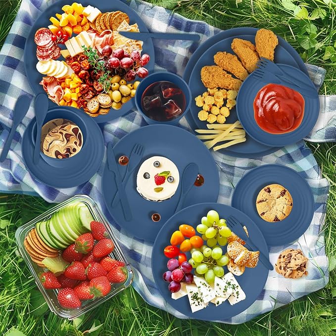 64-Piece Service for 8 Dinnerware Set - Unbreakable Wheat Straw Dinnerware sets of 64 - Dinner plates/Snack plates/Cereal bowls/Drinking Cups/Cutlery for Outdoor camping and indoors.Blue