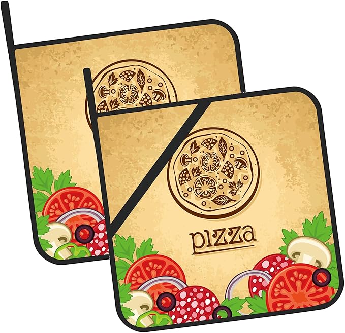 Vintage Pizza Pot Holders Set of 2 Kitchen Heat Resistant Potholders for Microwave Cooking Baking Oven End Dishes and BBQ Gifts for Women