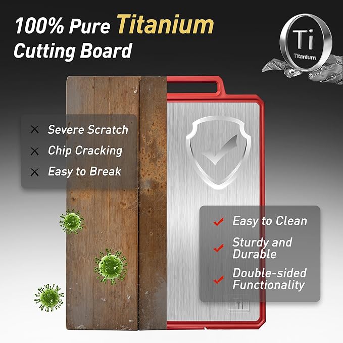 Titanium Cutting Boards for Kitchen Chopping Board with Handle Large Big Small Kitchen Meat Butcher Block 2 in 1 Pure Titanium and Wheat Straw PP Not Wood Bamboo Plastic Silicone Teak Red/Beige