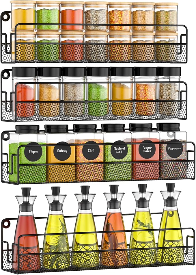 Wall Mounted Spice Rack Organizer, Pantry Door Organizer & Hanging Storage Baskets, Metal Spice Shelf for Kitchen Cabinet, 3 Depth Sizes Hold Large Jars to Nail Polish Bottles, 4 Pack