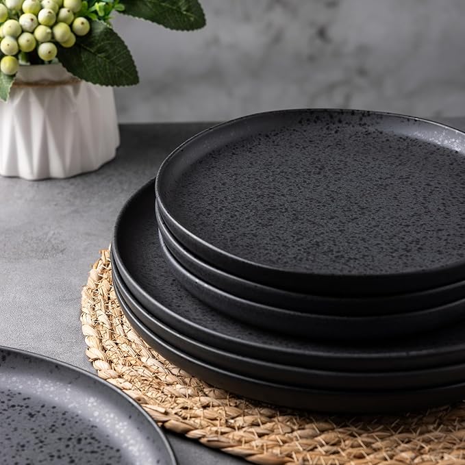 AmorArc Ceramic Dinner Salad Plates Set of 6, Wavy Rim 8.5 Inch Dish Set, The Dessert,Salad, Appetizer, Small Dinner etc Plate,Microwave, Dishwasher Safe, Scratch Resistant - Matte Speckled