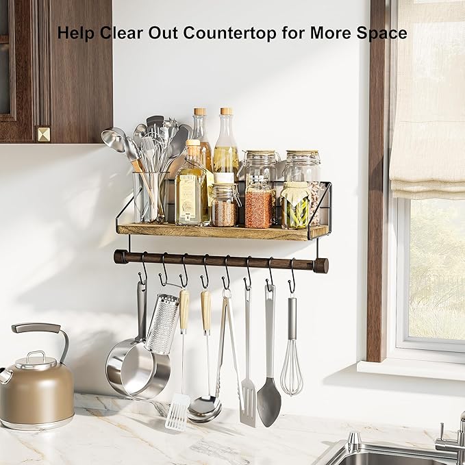 Alsonerbay Floating Shelves Wood Shelves for Wall, Rustic Wood Kitchen Shelf with Towel Bar and 8 Removable Hooks for Hanging Cooking Utensils or Mugs