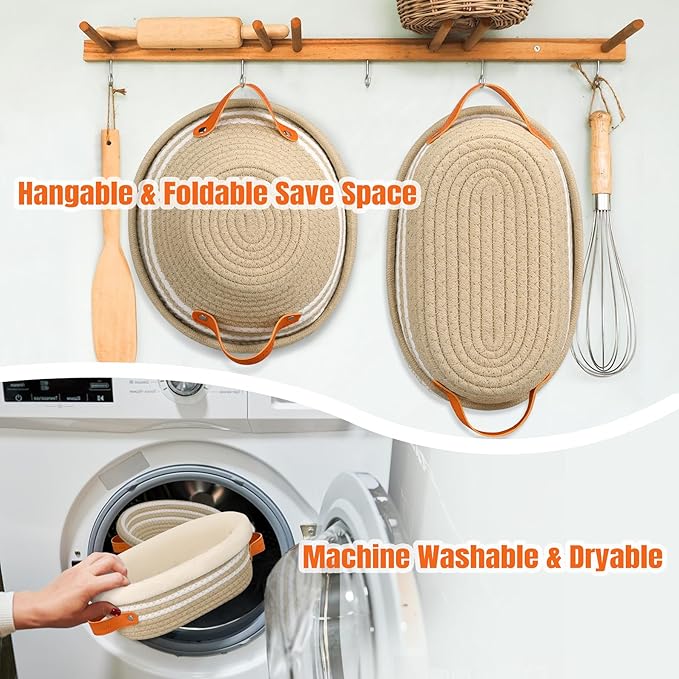 HASHMUST Banneton Bread Proofing Basket Set, 9 Inch Round & 10 Inch Oval Cotton Rope Proofing Bowls with Liners Covers & 14x19 Inch Thick Baguettes Cloth, Sourdough Dough Loaves Baking Supplies Gifts