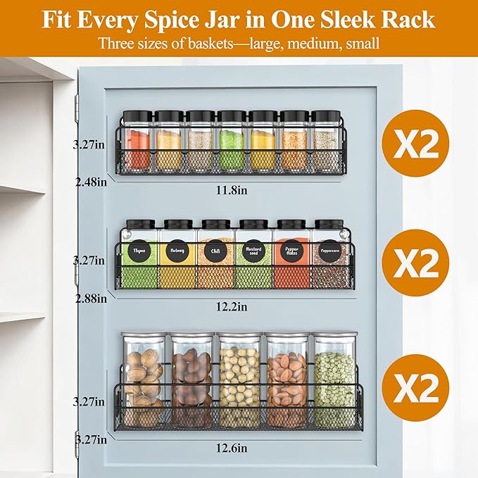 Wall Mounted Spice Rack Organizer, Pantry Door Organizer & Hanging Storage Baskets, Metal Spice Shelf for Kitchen Cabinet, 3 Depth Sizes Hold Large Jars to Nail Polish Bottles, 6 Pack