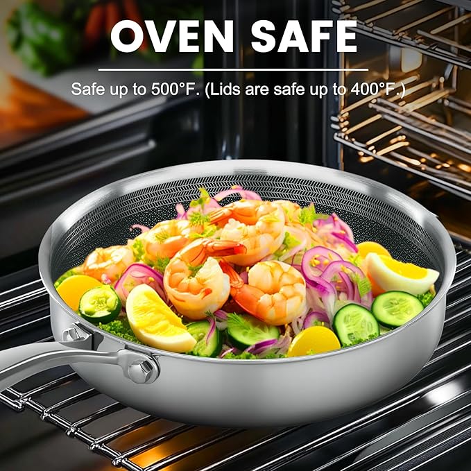 Non Stick Frying Pans,Hybrid Frying Pan with Lid,Non Toxic Frying Pans Nonstick,Stainless Steel Skillet,Dishwasher and Oven-Safe,Compatible with All Cooktops,Induction,9.5 in