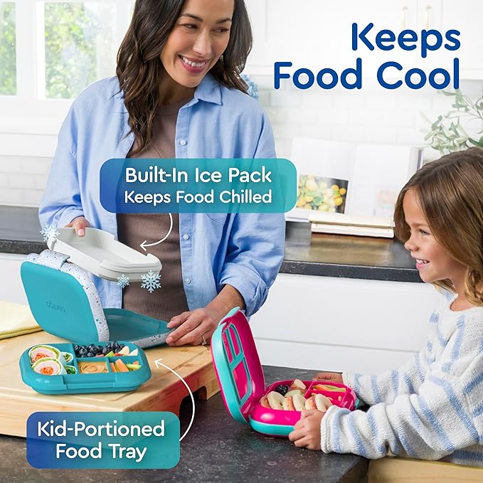 Bentgo Chill Kids Leak-Proof Lunch Box - 4-Compartment Bento Box with Built-In Ice Pack, 3.3 Cup Capacity, PFAS & BPA-Free, Microwave & Dishwasher Safe, Ideal Size for Ages 3 to 7 (Truly Teal)