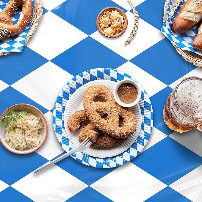100 Ft x 54 Inch Oktoberfest Plastic Tablecloth Roll with Slide Cutter Box Disposable Bavarian Blue & White Argyle Design, Waterproof Blue Diamond Table Cover for Festivals Events Party Decor