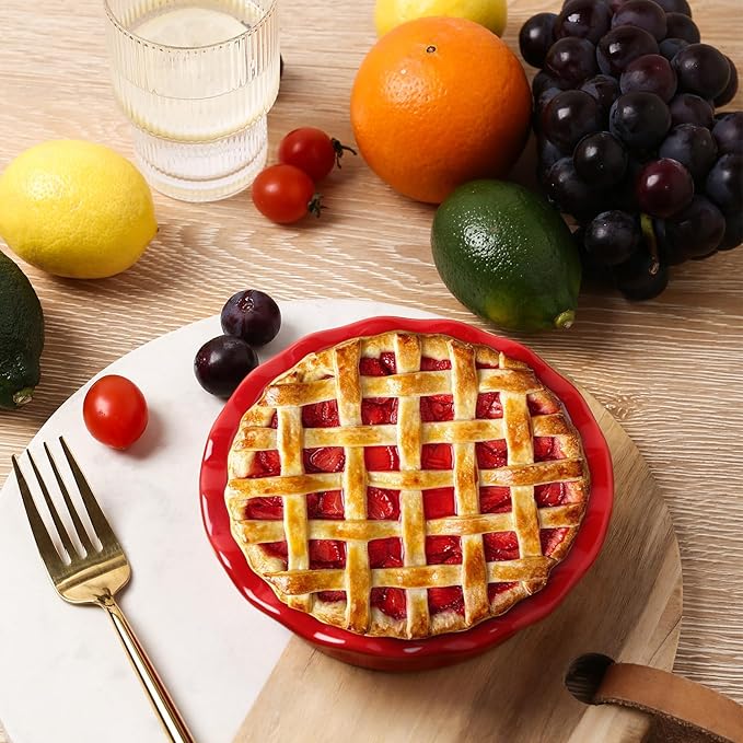 Vicrays Ceramic Pie Pan for Baking - 5.5 inch Small Pie Plates Deep Dish Round Pot Casserole Mini Serving Bowl - Microwave Oven Safe for Dessert Apple Pie Cake Tart Pizza Set of 6 - Red