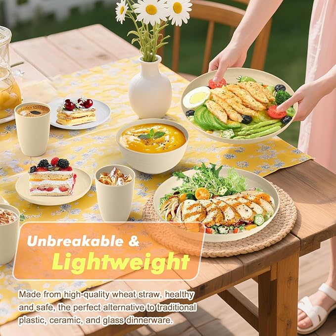 Homienly 32 PCS KItchen Wheat Straw Dinnerware Sets for 8, Reusable Plates and Bowls Sets, Dishes Set for 8, Alternative to Plastic Dish Set for Camping, PIcnic, Microwave and Dishwasher Safe - Beige