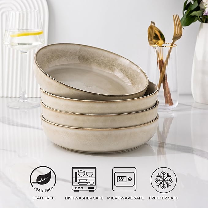 GBHOME 9'' Large Ceramic Pasta Bowls, 38oz Stoneware Pasta Serving Bowls Set of 4 for Kitchen, Wide Bowls for Fruit,Pasta,Salad,Oatmeal,Meal, Microwave Safe, Reactive Glaze-Cappuccino