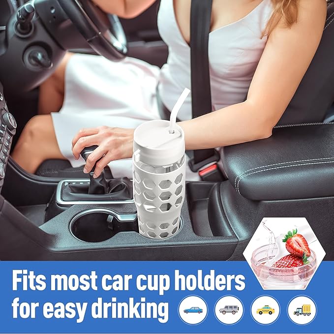 MUKOKO 32 oz Glass Tumbler with Straw,Glass Water Bottles with Time Marker,Iced Coffee Cup with 2 Lids-Handle Spout Lid&Straw Lid,Silicone Sleeve,Leakproof,1 Pack-White