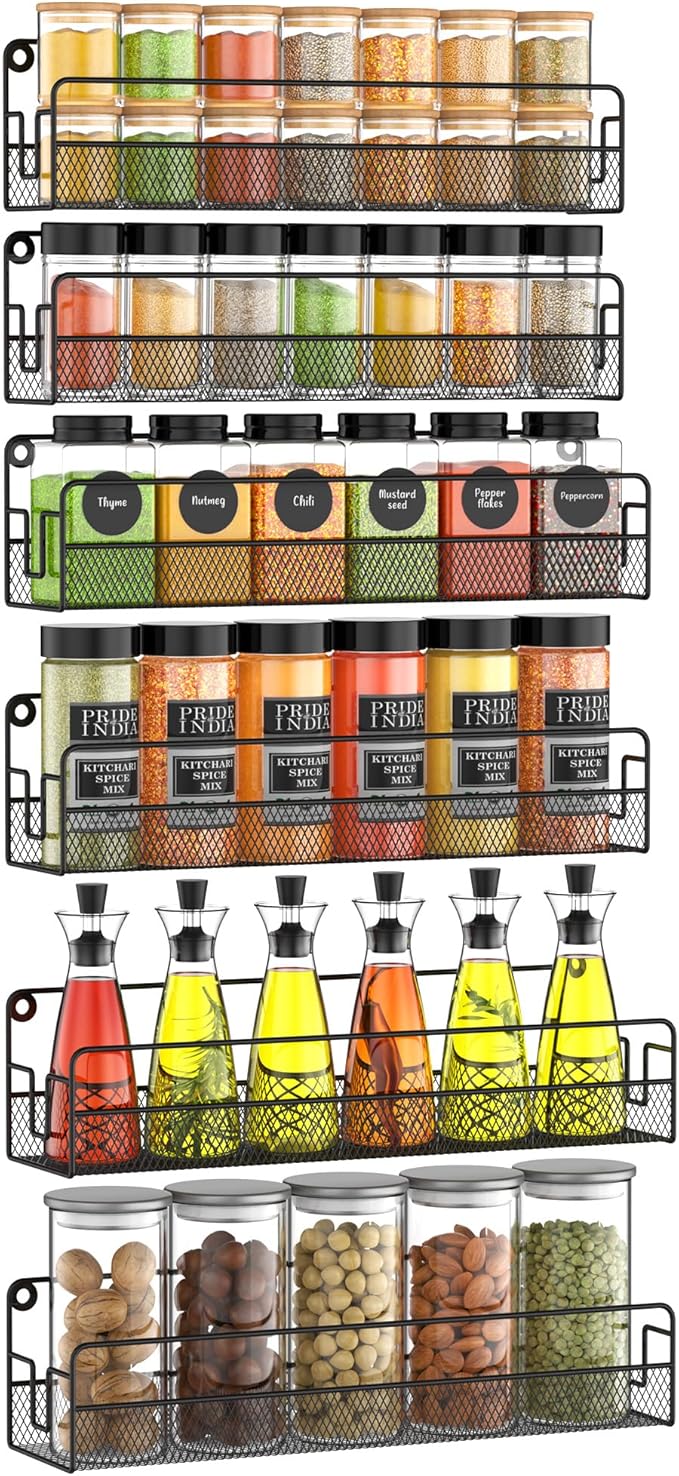 Wall Mounted Spice Rack Organizer, Pantry Door Organizer & Hanging Storage Baskets, Metal Spice Shelf for Kitchen Cabinet, 3 Depth Sizes Hold Large Jars to Nail Polish Bottles, 6 Pack