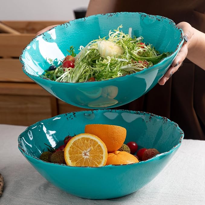 LEHAHA Vintage Melamine Salad Bowls Set, 2 pieces 130 OZ Large Pasta Bowls and Mixing Bowls, 12 inches Chip resistant Large Serving Bowls for Entertaining, Dishwasher Safe, Teal…