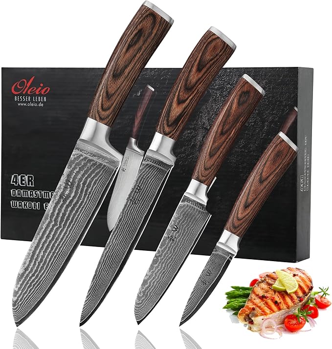 Wakoli EDIB 4-Piece Damascus Knife Set – Professional Japanese Style Kitchen Knives | Genuine Damascus Steel Blades with VG10 Core | Ergonomic Pakkawood Handles | Premium Chef Knife Gift Set