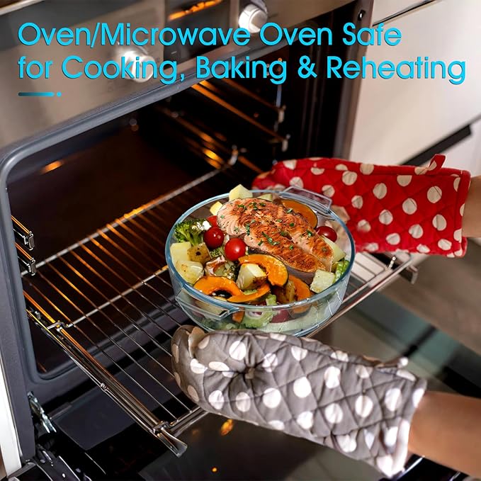 NUTRIUPS Small Glass Casserole Dish with Lid Oven Safe Covered Round Casserole Dish 8" Glass Microwavable Bowl With Lid Microwavable Cookware (Small-1.7L)