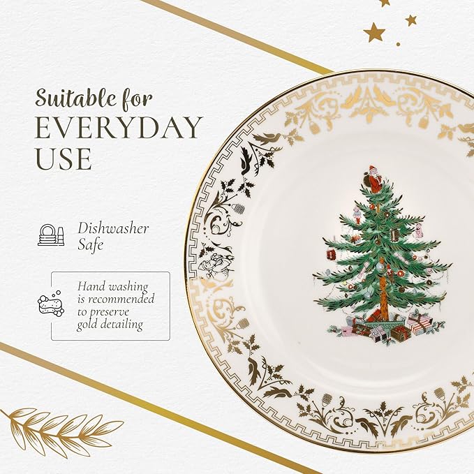 Spode Christmas Tree Gold Salad Plate (Set of 4) - 8-Inch Porcelain Dinner & Appetizer Plate, Christmas Dinnerware, Microwave & Dishwasher Safe, Festive Collectible Seasonal Dining Plate