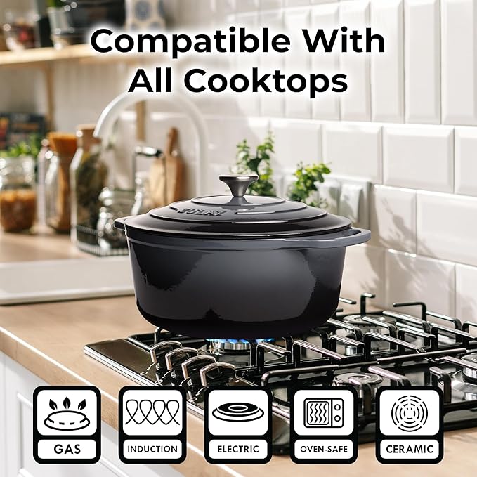 Zulay Kitchen 7.7 Quart Enameled Cast Iron Dutch Oven with Lid, Silicone Trivet & Heat Pad – Premium Durability & Oven Safe up to 500°F – Heavy Duty Cookware Perfect for Bread Baking, Stews, Braising & Roasting – Gray